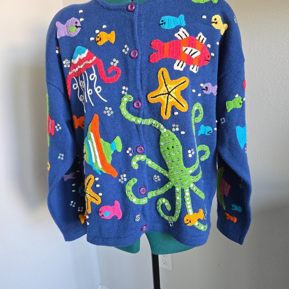 Design Options Philip and Jane Gordon Embroidered Underwater Theme Cardigan XL